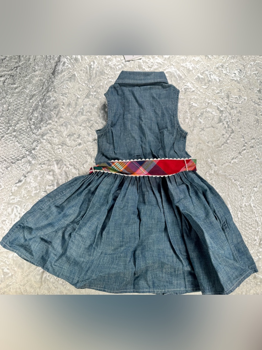 NWT Ralph Lauren Blue Chambray Sleeveless Dress with Multicolor Plaid Belt - Picture 3 of 4